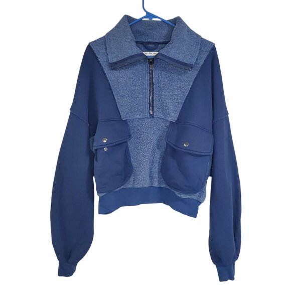 We the Free Blue Terry Half Zip Color Block Patchwork Collared Sweatshirt - XS - Picture 1 of 6